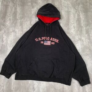 Vintage US Polo Assn Hoodie Mens XXL Black Pullover Casual Streetwear Sweatshirt